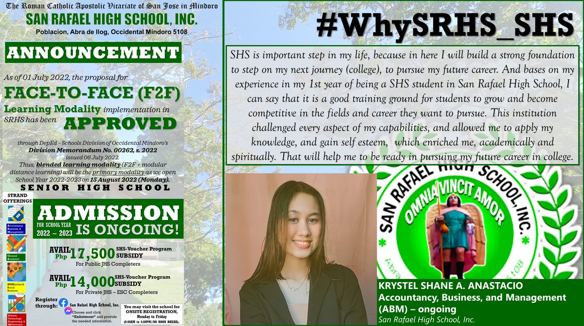 SRHSInc1969's tweet photo. [PROMOTIONS] #WhySRHS_SHS

KRYSTEL SHANE A. ANASTACIO
Accountancy, Business, and Management (ABM) – ongoing 
San Rafael High School, Inc.

#TatakRafaelians #GreenBenevolentHealers #SoaringArchangels 👼💚🤍 https://t.co/36Te30ctYI