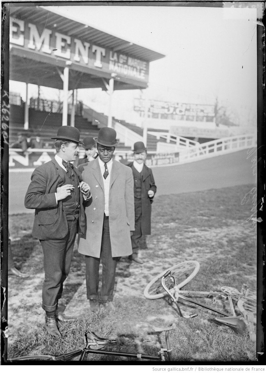 whirlwind1899's tweet photo. ''Such a Star , in great Style'' 
Major Taylor in the Company of Charles Ravaud  on the race track of the Velodrome Buffalo, 1907.
more like this one on : https://t.co/Xx3RMeVioF
From the Gallica collection / Agence Rol.Photographique. https://t.co/XnNhFZuVun
