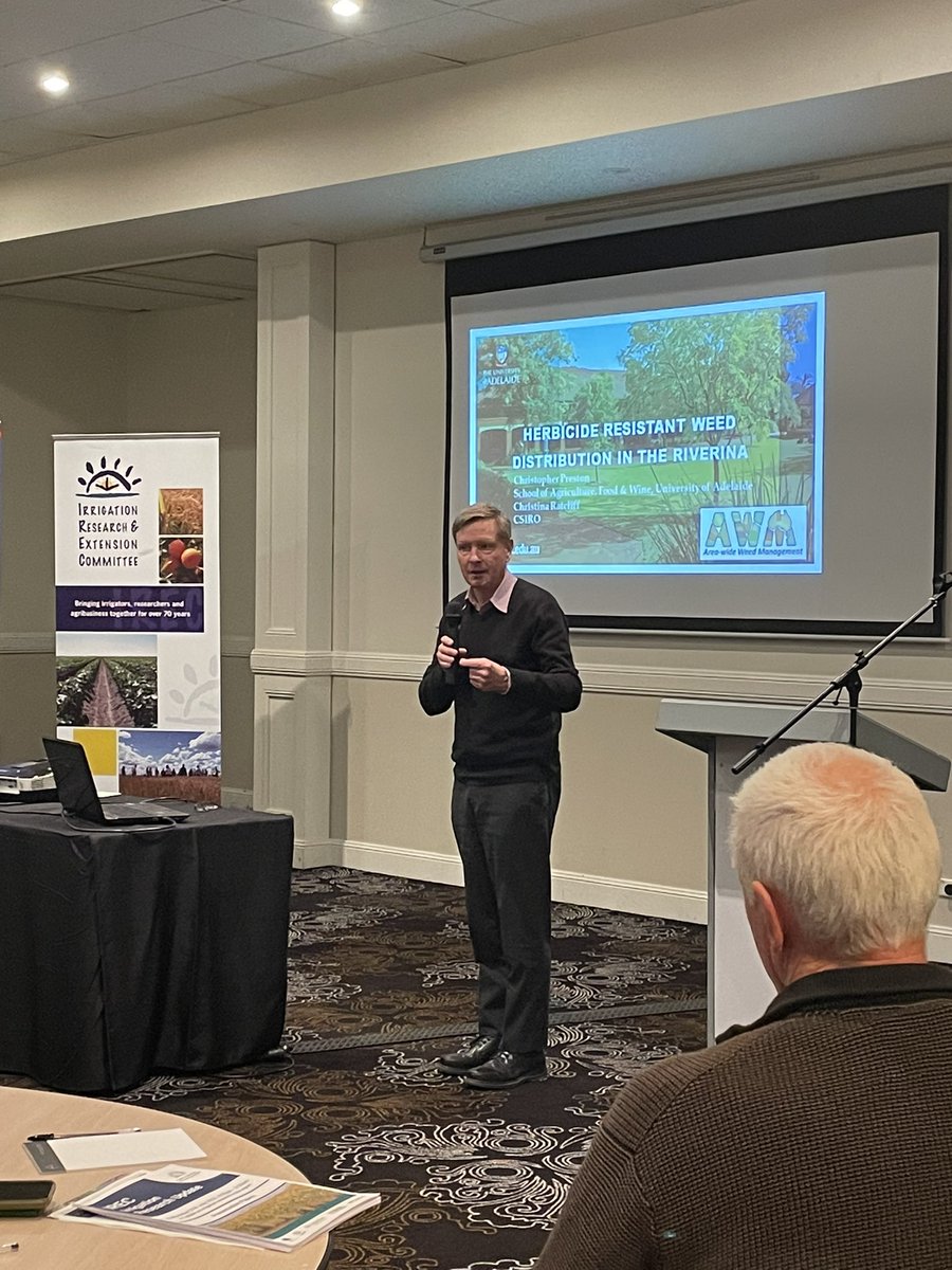 IRECNSW's tweet photo. Dr Chris Preston talking on herbicide resistant weed distribution in the Riverina at the IREC Irrigation Research Update this morning. This work is part of the #areawideweeds project. @UniofAdelaide @CSIRO @theGRDC https://t.co/OtJ5jlqVx8