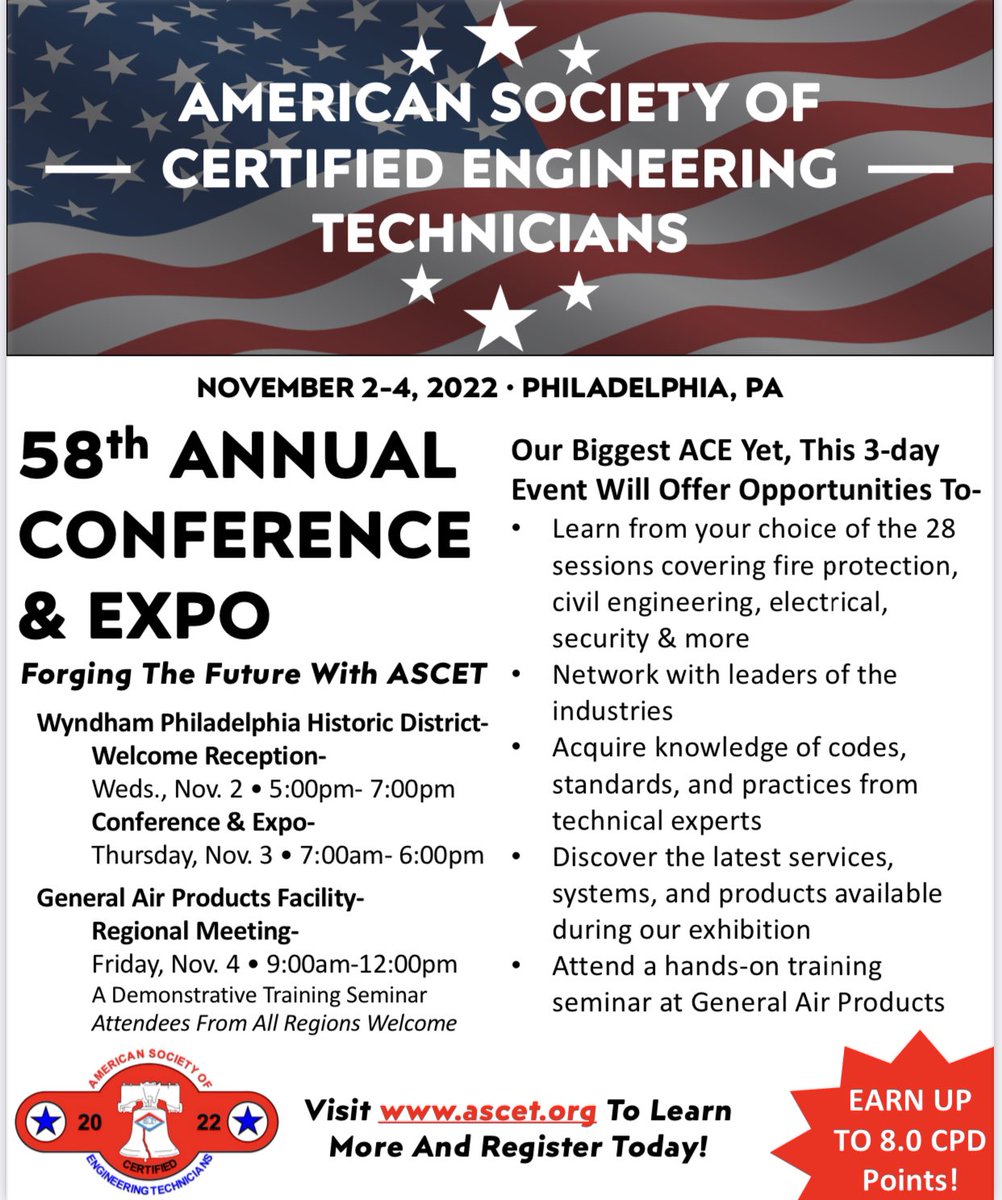 ✅Registration for the ASCET Annual Conference &amp; Expo (ACE) 2022 is now open for attendees and vendors alike!✅ Sign up today! Interested in sponsoring part of the event? Email communications@ascet.org for more details! #lifesafety #CivilEngineering #ace22