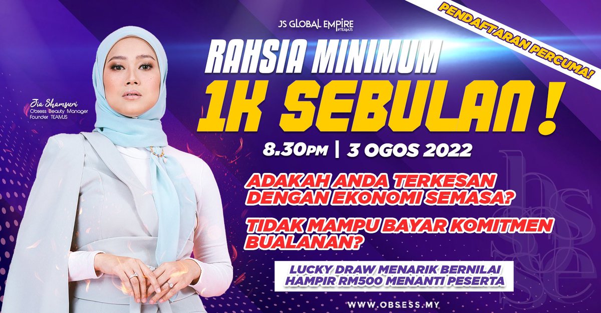 JiaShamsuri's tweet photo. KHAS UNTUK SESIAPA NAK BELAJAR FORMULA RAHSIA 🔥

Nak tak Jia ajar korang macam mana nak buat side income at least RM1000 sebulan . Kelas ni Jia buat PERCUMA sahaja untuk bantu korang dapatkan side income and tampung comitment bulanan yang ada . 

https://t.co/pWGqgSRuwz
￼ https://t.co/vT4Ohk3Ta3