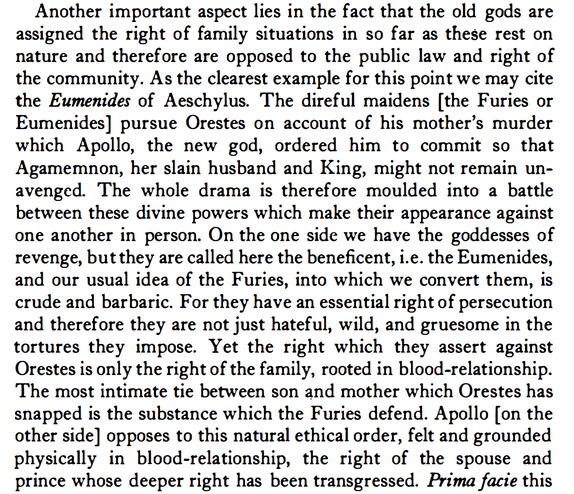 Hegel on the intervention of the new gods in Aeschylus' Eumenides. An abstract provocation. I pray to the old gods. Ciao mamma