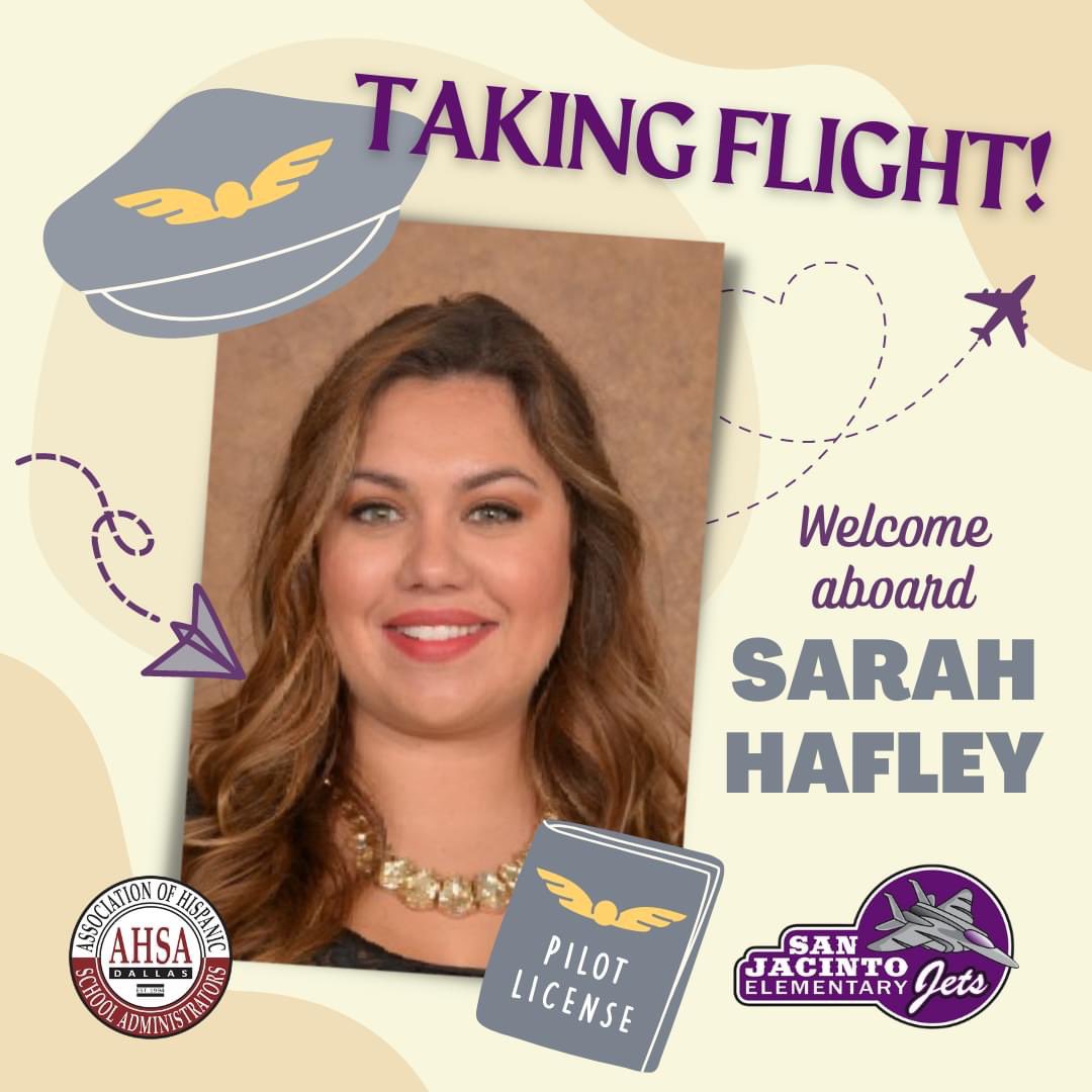 ahsadallas's tweet photo. Congratulations to Sarah Hafley on being named principal of San Jacinto Elementary! Get ready to take flight with this fierce chica. Go, Jets! #lagรผera #buckleup #aroundtheworld #upabove @SanJacintoDISD @DianaVNunez @MRamirezDISD @Jaime_Resendez @TrusteeHenry https://t.co/s0YJ1qsErr