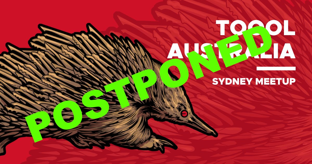 tooolAU's tweet photo. TOOOL Sydney Meetup tonight is POSTPONED due to unforeseen circumstances 😢

The event is tentatively scheduled for the 17th August, but keep your 👀 on https://t.co/dXZEg1wvW6 or make sure to sign up to our low volume mailing list 📥 https://t.co/MloYPv6x43