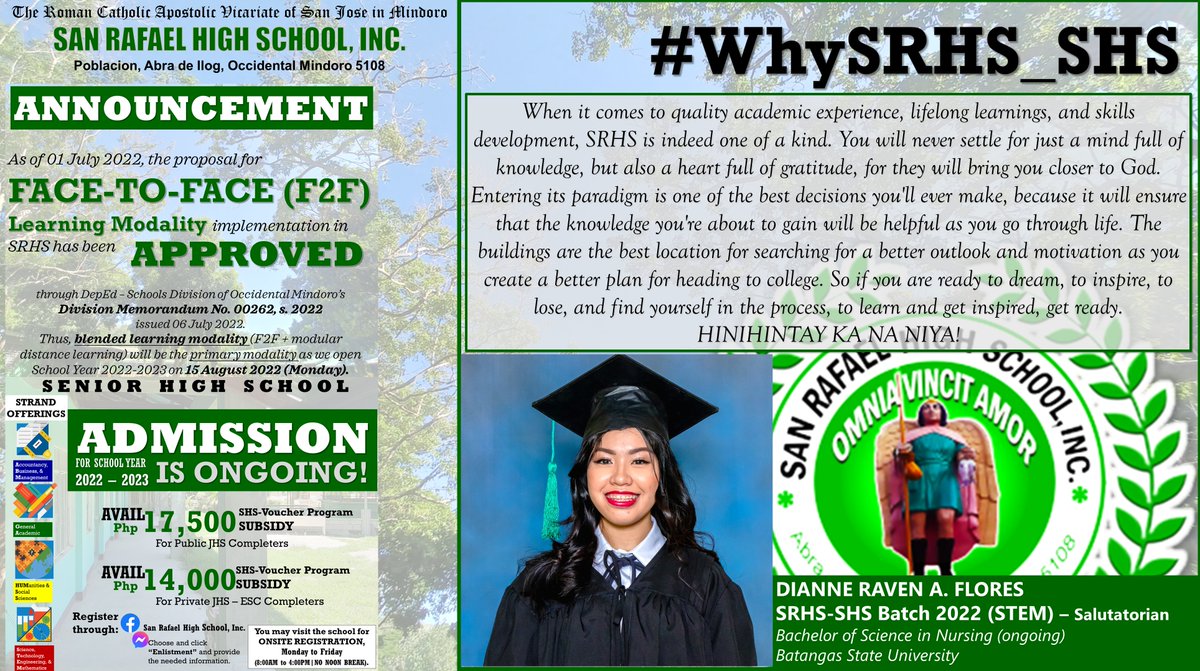 SRHSInc1969's tweet photo. [PROMOTIONS] #WhySRHS_SHS

DIANNE RAVEN A. FLORES
SRHS-SHS Batch 2022 (STEM) – Salutatorian 
Bachelor of Science in Nursing (ongoing)
Batangas State University

#TatakRafaelians #GreenBenevolentHealers #SoaringArchangels 👼💚🤍 https://t.co/omPgsK9mRN