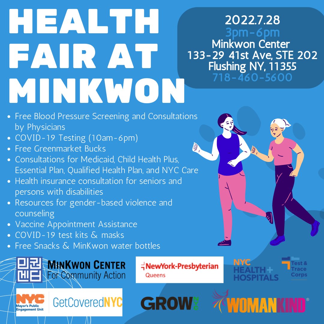 MinKwonCenter's tweet photo. Join us on Thursday 7/28 to receive free blood pressure screenings and consultations by physicians, COVID-19 testing, health insurance consultations and more! All attendees will receive a free MinKwon water bottle so you can stay hydrated and beat the heat!
#minkwon #healthfair https://t.co/l4geMqJqsP