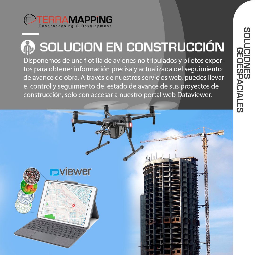 Terramapping's tweet image. Disponemos de una flotilla de aviones no tripulados para obtener información precisa y actualizada del seguimiento de avance de obra. A través de nuestros servicios web, puedes llevar el control y seguimiento del estado de avance de sus proyectos de construcción.