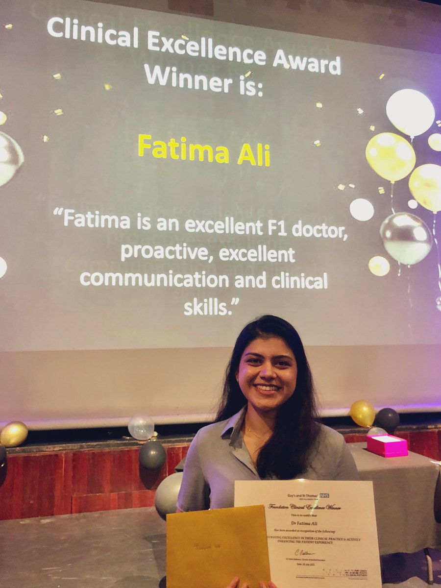 fatimafali's tweet photo. Incredibly grateful to have won the clinical excellence prize at the @GSTTnhs Medical Education Awards!! Such a wholesome evening to bring an end to F1 - thank you to the wonderful mentors and colleagues that I’ve been lucky to learn from! https://t.co/9djAdl2VJ0
