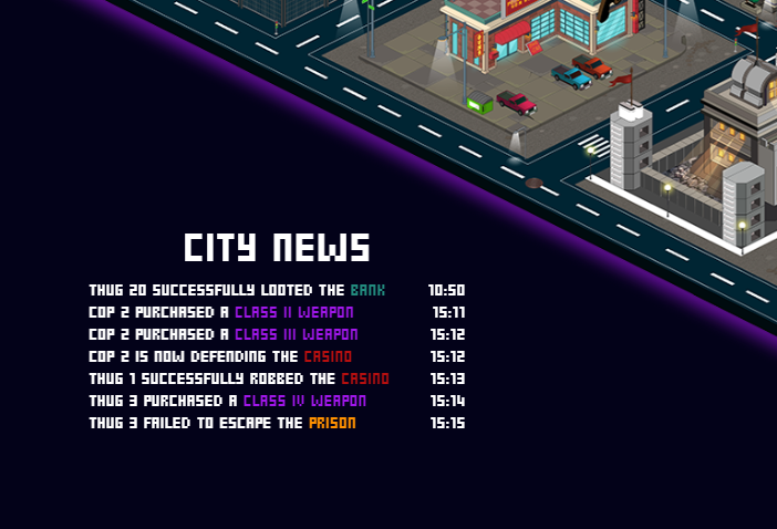 ThugCityP2E's tweet photo. NEW FEATURE! 

We’ve implemented a news feed so everyone can always see what’s happening in the city. This will track all weapon purchases and crimes, updating whenever an action takes place. 

Stay tuned for our Sneak Peeks 👀 https://t.co/lSkKRXL490