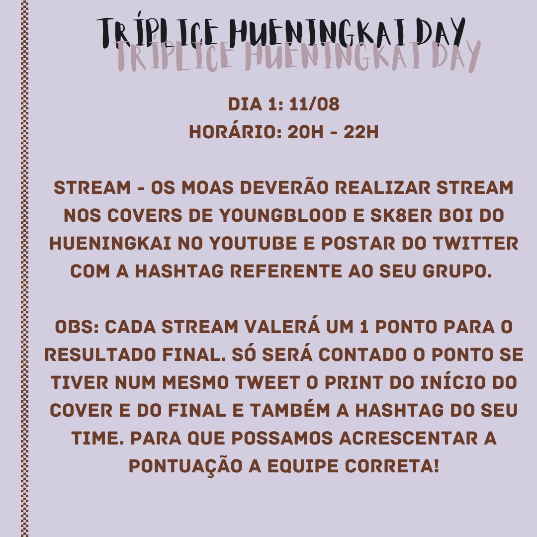 HNKBrasil's tweet image. Moas, boas vindas ao

✨ Tríplice Hueningkai Day✨

Nós, da HNKBR, preparamos uma gincana para comemorar o aniversário do nosso maknae!

Em parceria com a @bmoasprojects, teremos 3 dias de diversão e competição. Leiam os banners abaixo e perguntem caso tenham dúvidas.