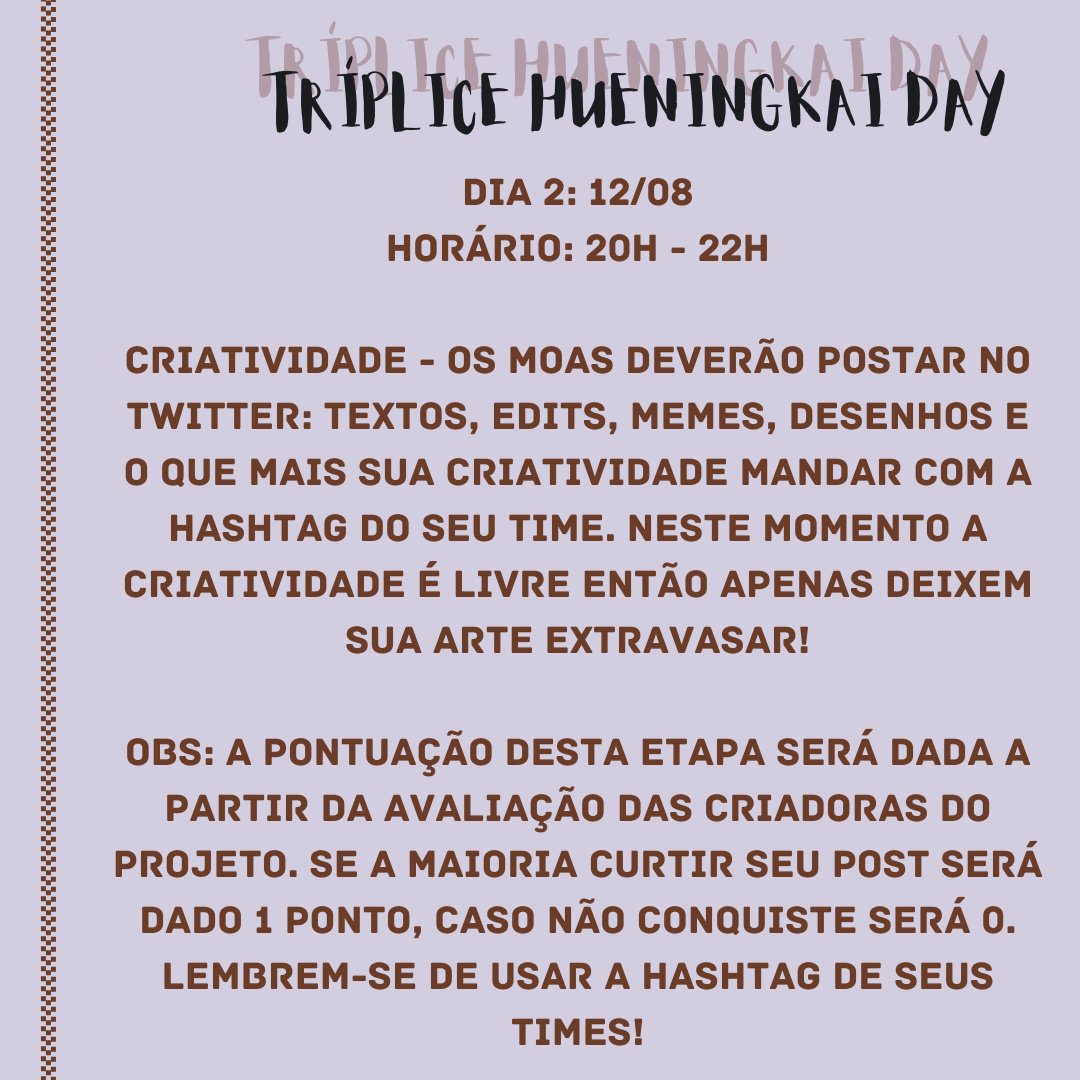 HNKBrasil's tweet image. Moas, boas vindas ao

✨ Tríplice Hueningkai Day✨

Nós, da HNKBR, preparamos uma gincana para comemorar o aniversário do nosso maknae!

Em parceria com a @bmoasprojects, teremos 3 dias de diversão e competição. Leiam os banners abaixo e perguntem caso tenham dúvidas.