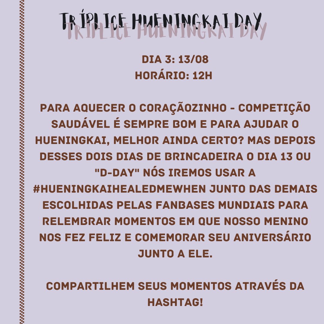 HNKBrasil's tweet image. Moas, boas vindas ao

✨ Tríplice Hueningkai Day✨

Nós, da HNKBR, preparamos uma gincana para comemorar o aniversário do nosso maknae!

Em parceria com a @bmoasprojects, teremos 3 dias de diversão e competição. Leiam os banners abaixo e perguntem caso tenham dúvidas.