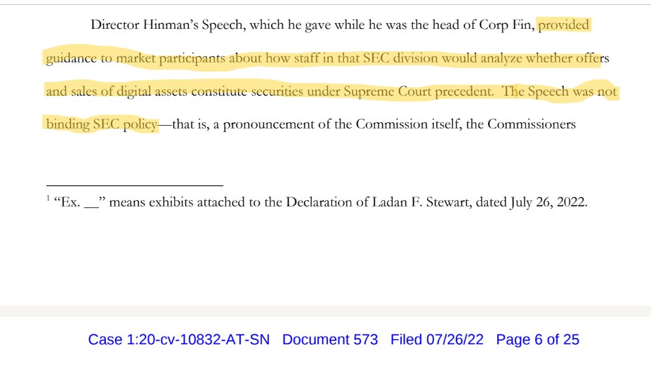 attorneyjeremy1's tweet photo. Wow! You can't make this up.

We now have a 4th iteration of what the speech was.

In the objection to Torres, the speech is now "guidance" to market participants, but only from Hinman's division of enforcement and not binding on the SEC.

Calling Matt Solomon. Report for duty! https://t.co/jtg8pxRRC7