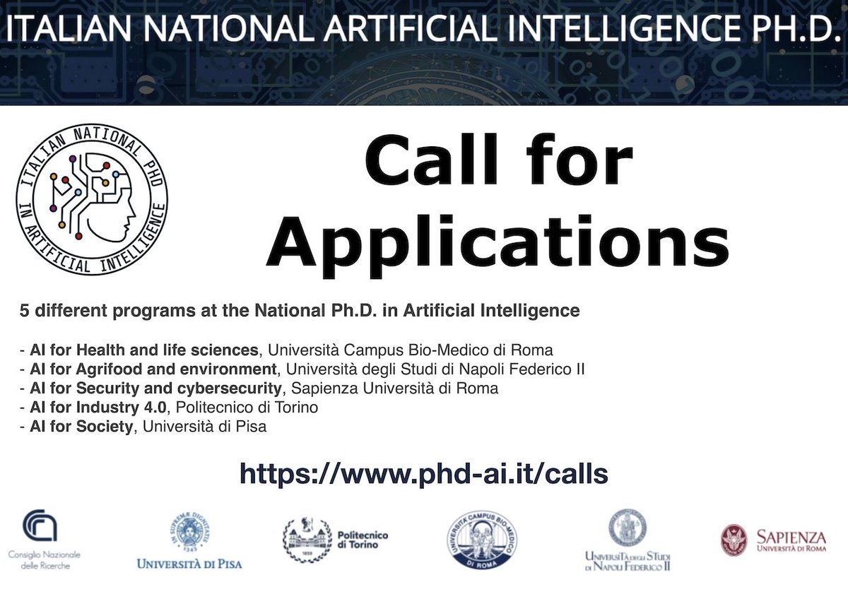 #CallForApplication to the Italian National #ArtificialIntelligence #PhD.
#AI #DataScience #BigData #Ethics #Pisa
phd-ai.it/calls/