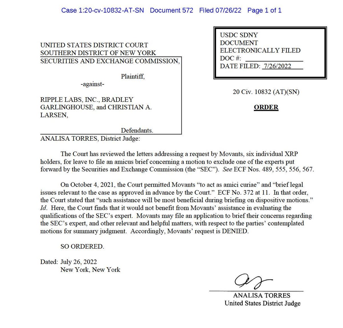 BOOOOOOOOOOOOOOOOOM!!!!

Judge Torres denies SEC's Motion!

GAME OVER SEC! #XRP
