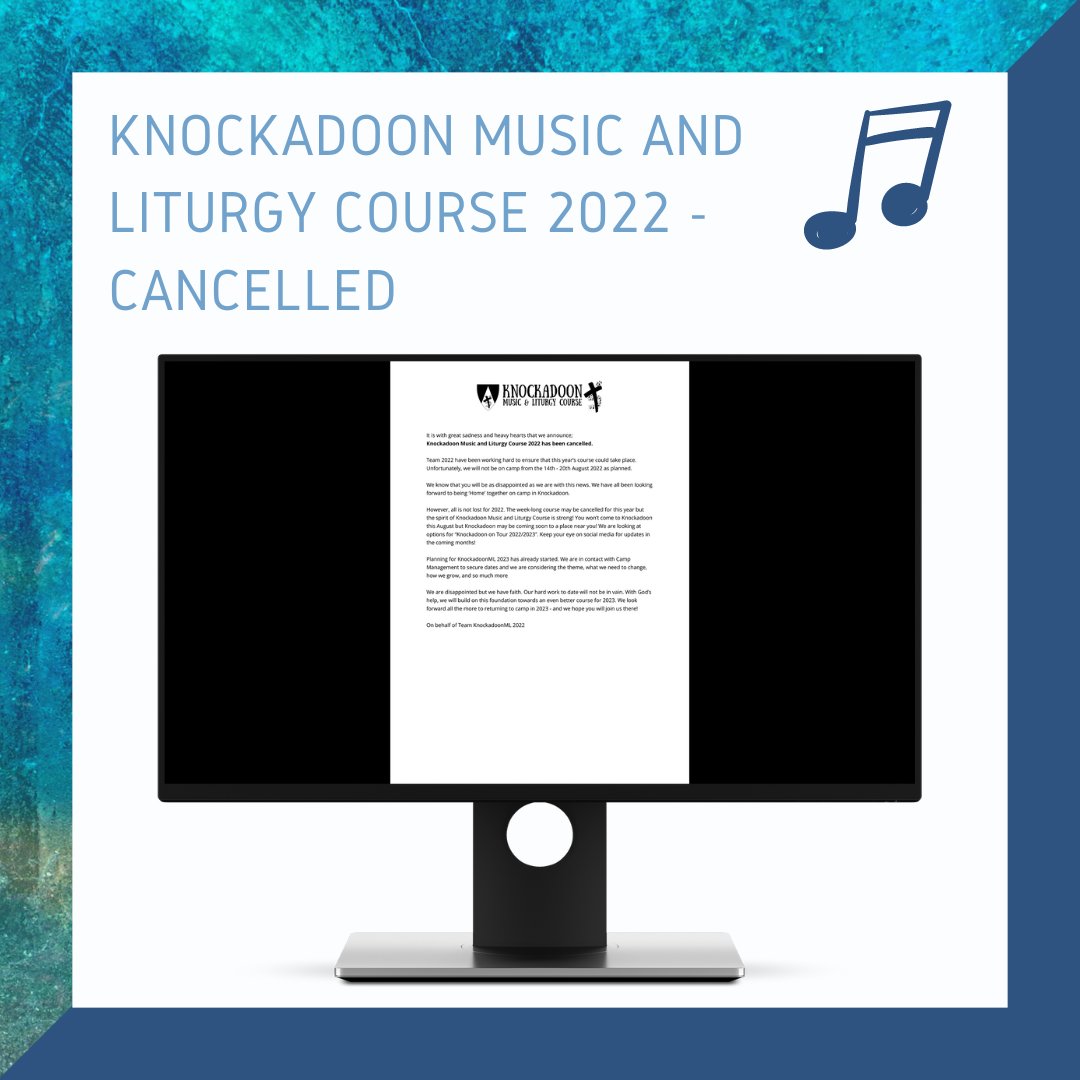 KnockadoonML's tweet photo. It is with great sadness and heavy hearts that we announce;
Knockadoon Music and Liturgy Course 2022 has been cancelled.

Read more here: https://t.co/qXWDiOYL8K https://t.co/le1XgqGD4n