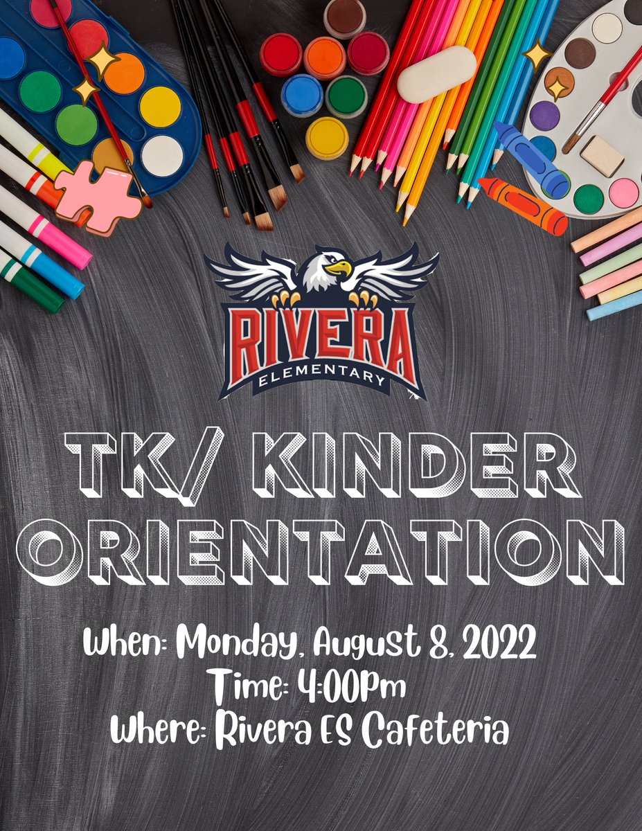 MrsRentEst's tweet photo. We are just 2️⃣ weeks away from the beginning of the new academic year 📚 To ensure our youngest scholar 🦅 are ready, we will be hosting an orientation for all TK/K families! See you then! #RiveraRocks 🍎 https://t.co/2iY9CixYbL