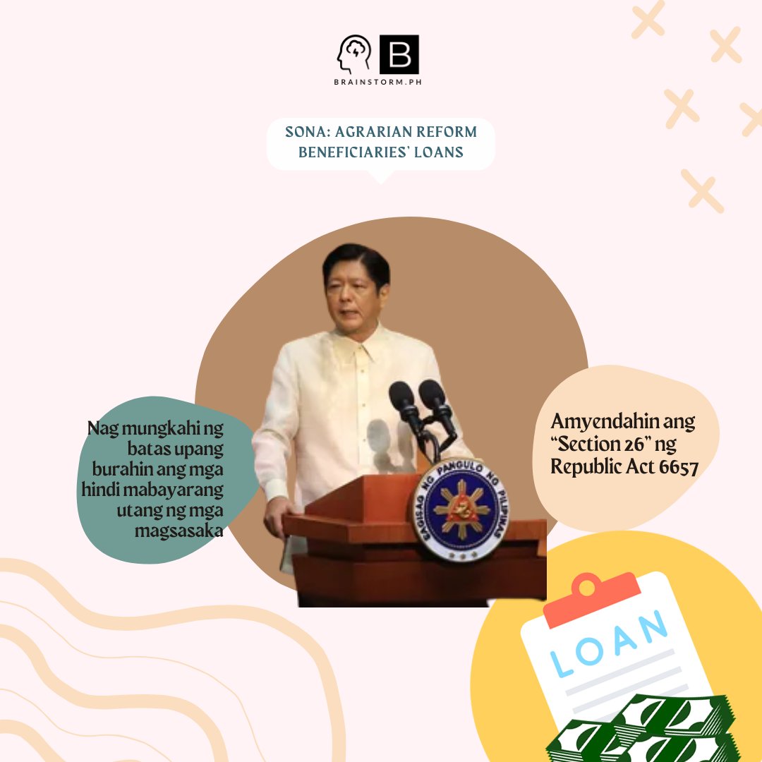 BrainstormPH's tweet photo. Inatasan ni Pangulong Marcos Jr. ang Kongreso na magpasa ng batas na buburahin ang mga hindi mabayarang utang ng mga magsasaka na benepisyaryo ng agrarian reform.

Ano ang opinyon mo sa mga planong ito? Share mo naman!

#BrainstormPH #ReviewingSONA #PBBM #AgrariamReform #CARP https://t.co/83UfYRoowP