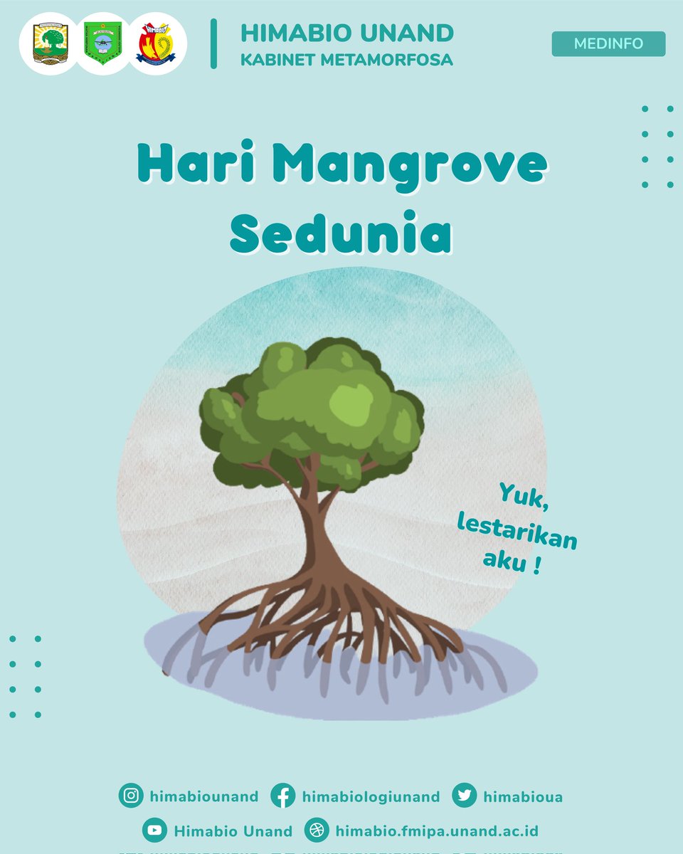 HimabioUA's tweet photo. [HARI MANGROVE SEDUNIA]
Assalamualaikum Warahmatullahi Wabarakatuh Keluarga Besar HIMABIO FMIPA UNAND
Mangrove melindungi garis pantai dari erosi, mencegah banjir, menyediakan habitat pembibitan ikan dan dapat menyimpan sejumlah besar karbon dioksida.
#HimabioUNAND
#DeptMedinfo https://t.co/61crMhdfaE