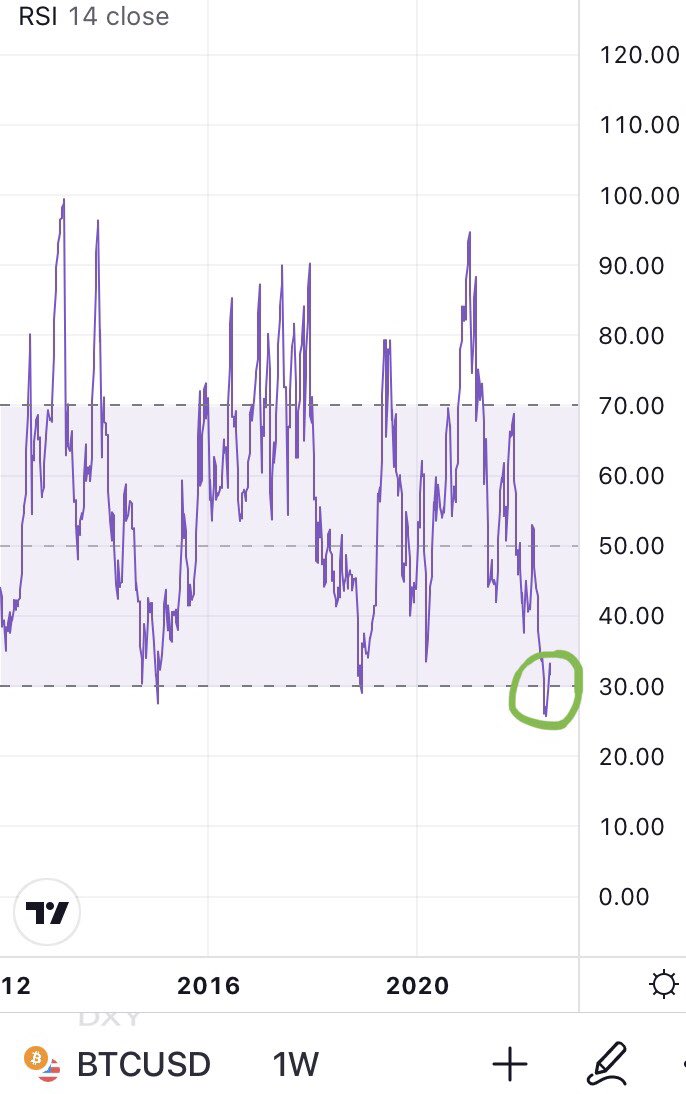 BravTangCharlie's tweet photo. #Bitcoin’s Monthly &amp; Weekly RSI currently ticking up from its lowest level, ever. 

Either #Crypto is dead, or it’s just a reeeally good time to buy 🤷🏻‍♂️ https://t.co/8xfkKDZEZX