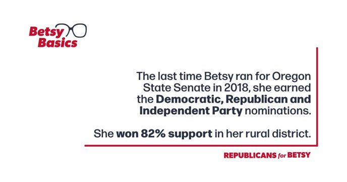 ForBridget's tweet photo. The last time she ran for her State Senate seat, Betsy won the Republican Party nomination to represent her area in rural NW Oregon. #runbetsyrun #govwithguts #republicansforbetsy https://t.co/3ueL5gSDzP