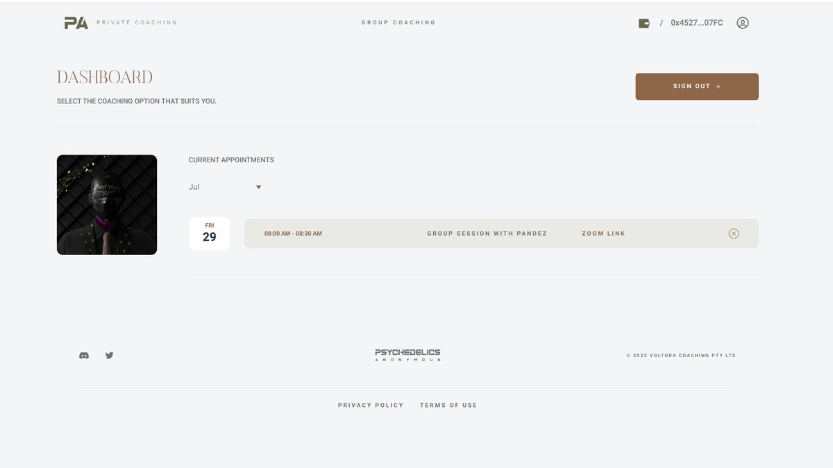 Just booked my first session on the <a href="/psychanon/"></a> coaching app w/ <a href="/pandez_/">Pandez</a> 
huge thanks to <a href="/BAYC2745/">voltura.eth</a> and everyone that helped for putting this together!
