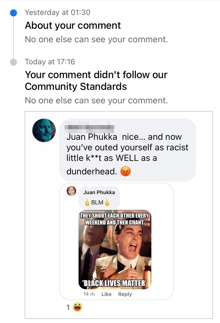 matthk's tweet image. What the hell Facebook? 
Apparently you can now be BANNED for something from MONTHS ago which Facebook ITSELF is automatically trying to ‘surface’ via its own “in review” feature 🙄🤷‍♂️

This one is for telling off a RACIST 🤷‍♂️
@facebook @facebookapp @FacebookDevRel #AlgorithmFAIL