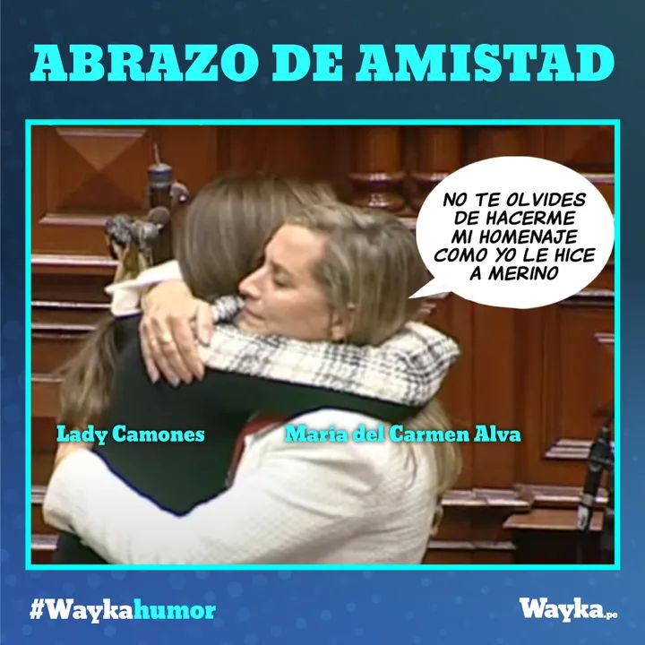 WaykaPeru's tweet photo. .@LadyCamones y @MaricarmenAlvaP se abrazan luego de que la primera ganara la presidencia.

 ¿Abrazo de 'amiguis'? 👀 

#WaykaHumor https://t.co/HoeE6mpYzS