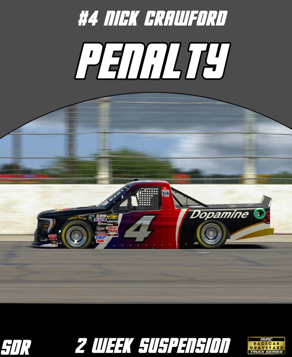 PENALTY: @Toast_NC 

Unfortunately, Nick has received a penalty from WWT Raceway. We will attempt to appeal it to a lesser penalty but are unsure how possible that is.

If the penalty stands Nick's next race will be 8/22 at Bristol Motor Speedway. Updates to follow if needed. https://t.co/m60iU4LgIm