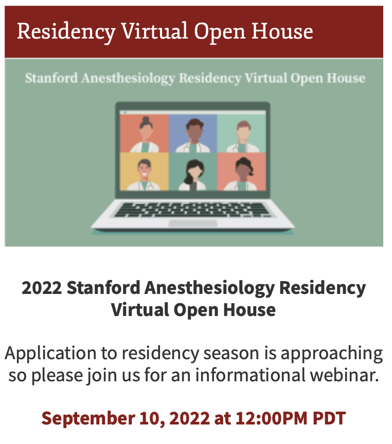 Hey #Match2023 #Anesthesiology applicants! Do you have questions about our @stanfordanes Residency training? We'd LOVE to tell you about our program at the upcoming Virtual Open House - Saturday, Sept. 10th @ 12pm PST. Please register ahead of time: stanford.zoom.us/webinar/regist…