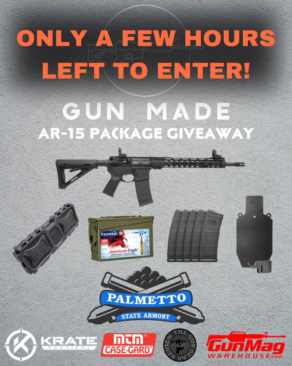 gunmadeHQ's tweet photo. Just like the photo says…only a few hours left to enter! Head over to https://t.co/xxtIH880Pd or simply click the link in our bio to go enter!
#GunMade #palmettostatearmory #gunmagwarehouse #kratetactical #mtmcase #theguygearreview #giveaway https://t.co/4HX7WsvLpJ
