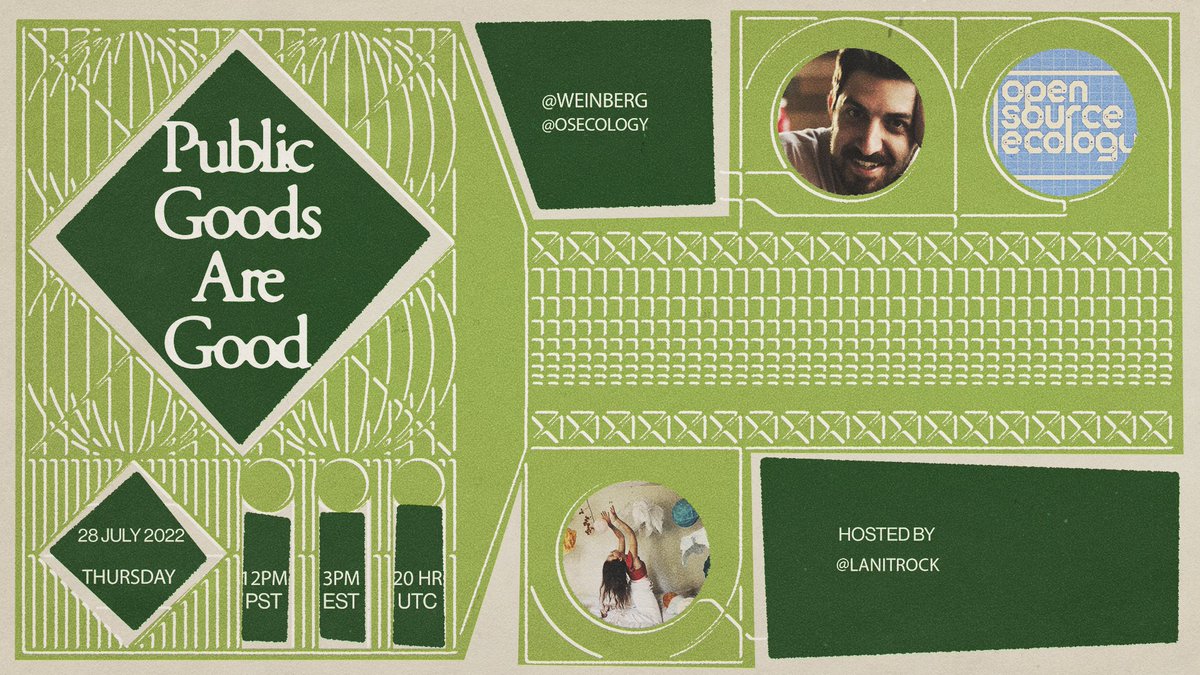 Join us this Thursday at 12pm PST/3pm EST with our host @lanitrock to chat with @Weinberg of @OSEcology about open source ecology!🌱🌍