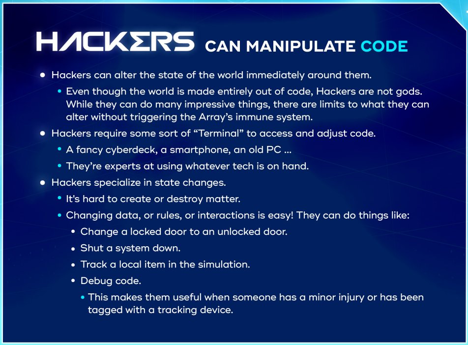 Twitter Tuesday!

Tired of base reality? Change the code! 

Hackers can alter the state of the world through manipulating code but you don't want to alert the Array's Immune system so think ahead and use your judgement!

Join us in Discord: discord.gg/tQRwMk7xtQ 

#projectkyzen