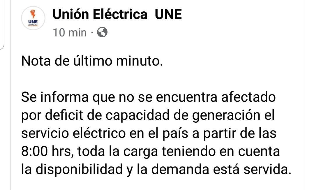 🚨🚨🚨 26 de julio, 8pm: La Unión Eléctrica informa que en estos momentos no hay déficit por capacidad de generación, toda la demanda está servida. 🔋😁