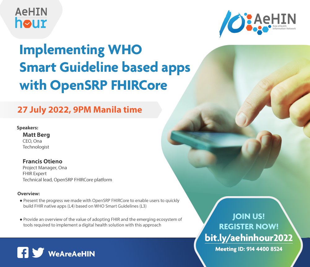 WeAreAeHIN's tweet photo. Don't miss our #AeHINHour webinar tonight, July 27, at 9 PM Manila time with our speakers Matt Berg, CEO of Ona, and Francis Otieno, Project Manager at Ona.
Register now at https://t.co/sPosIY0qXM.
#OpenSRP #FHIR #FHIRCore @onadata https://t.co/eWpVcAtbPA
