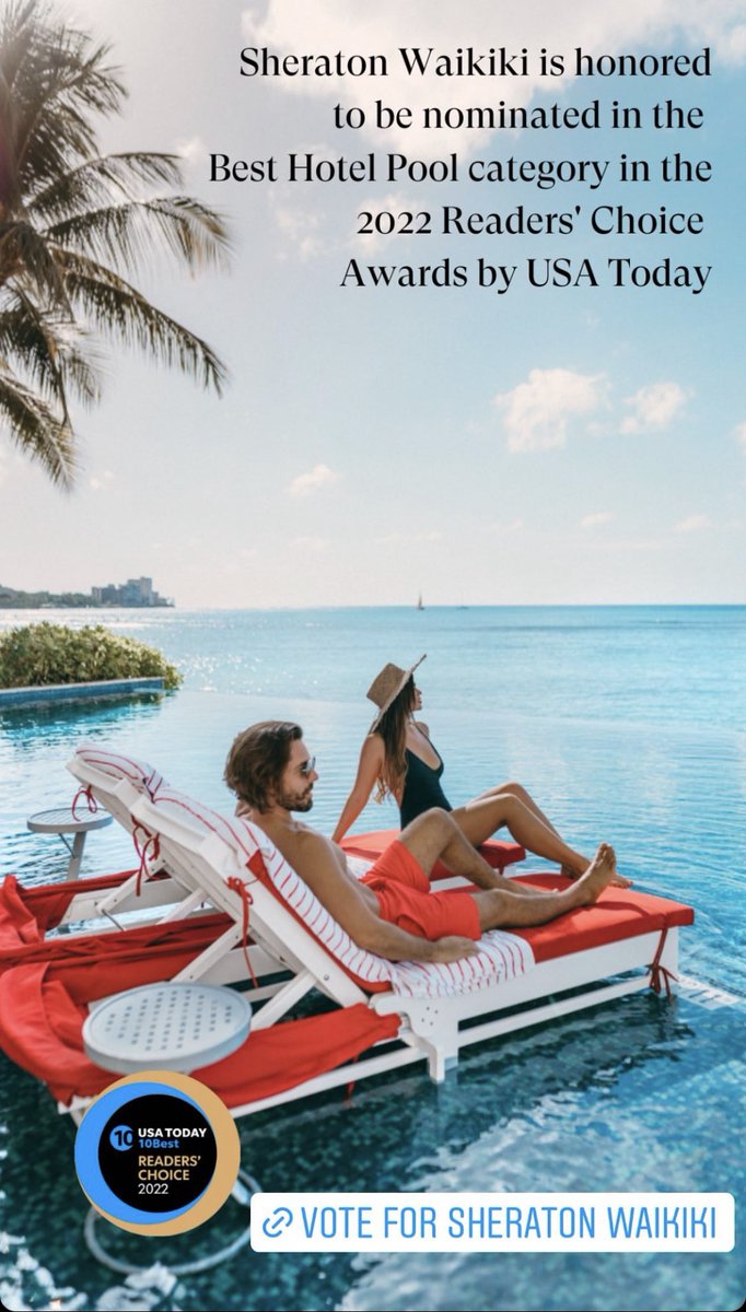 PLEASE VOTE ! // Our <a href="/SheratonWaikiki/">Sheraton Waikiki</a> pool locations have again been nominated for ‘Best Hotel Pool’ on <a href="/USATODAY/">USA TODAY</a> . We would appreciate you showing your support for your favorite place to lounge under the sun poolside 😎🌴🌞 10best.com/awards/travel/…