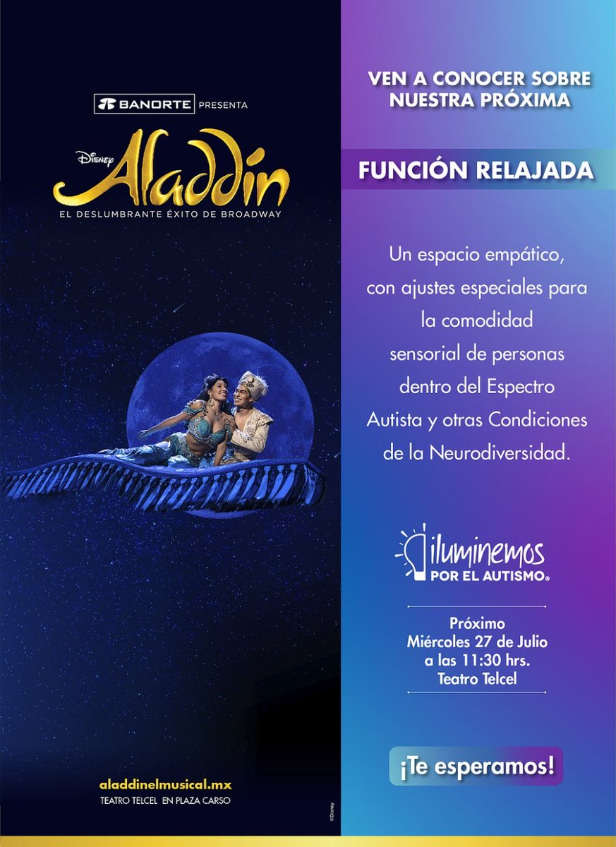 YoTambien's tweet photo. #Atención | Mañana a las 11:30 am se llevará a cabo la conferencia de prensa de la función relajada de 'Aladdín, el musical' que tendrá lugar en el Teatro Telcel el 28 de agosto a la 1 pm. 🎤 https://t.co/CgJhXtJuNh