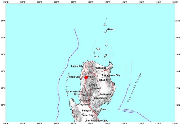 #EarthquakePH #EarthquakeAbra
#iFelt_AbraEarthquake
Earthquake Information No.1
Date and Time: 27 July 2022 - 08:43 AM
Magnitude = 7.3
Depth = 025 km
Location = 17.63°N, 120.74°E - 002 km N 20° E of Lagangilang (Abra)
 
Reported Intensities:

Intensity IV - Quezon City