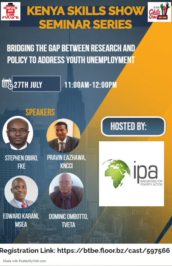 Join us at 11:00AM for the latest session by Innovations for Poverty Action.

Registration Link: btbe.floor.bz/cast/597566

<a href="/TVETAKenya/">TVET Authority Kenya</a> <a href="/tvetinkenya/">Permanent Working Group on TVET in Kenya</a> <a href="/MonariPeterJ/">Monari, Peter Joseph Ph.D</a>