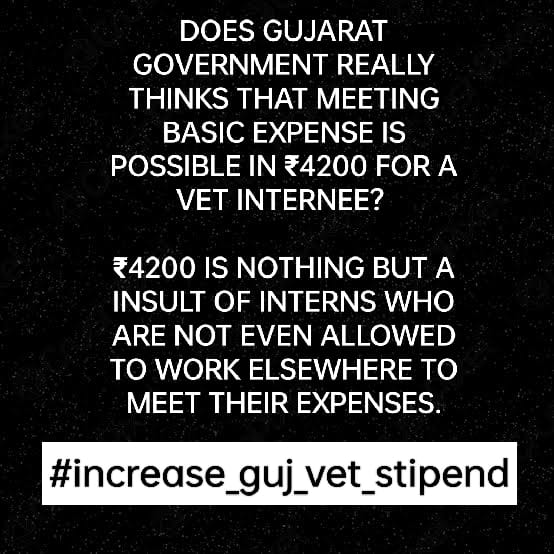 53_dhruv's tweet photo. Stop insulting us by paying ₹4200 as 'Stipend'
We need Change!!💪

We demand ₹18000 stipend
#Increase_Guj_Vet_Stipend
#Guj_vet_union

@PMOIndia @CMOGuj
@RaghavjiPatel @sanghaviharsh
@PRupala @KanuDesai180
@DivyaBhaskar
@sandeshnews https://t.co/8AsFkN89HK