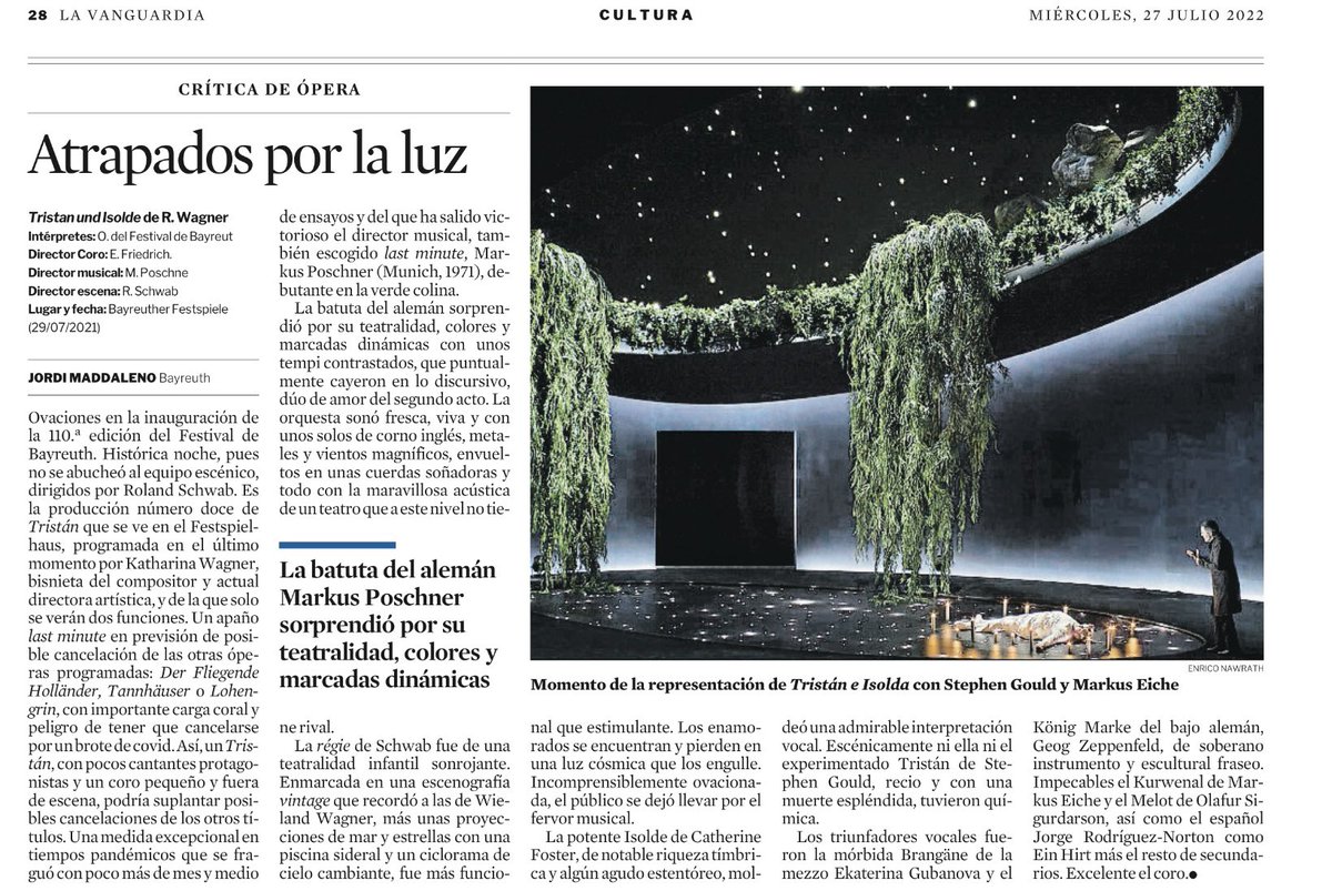 JordiMadd's tweet photo. Avui @LaVanguardia #crítica nova prod. & inauguració 110a ed. @WagnerFestival #TristanUndIsolde. Éxito de la batuta del debutante M. #Poschner en el #BayreutherFestspiele con una pareja protagonista de gran solvencia y madurez: @cfostersoprano & S.#Gould. Prod. #Schwab 👎🏻 #Wagner https://t.co/JzQZvO6vG3