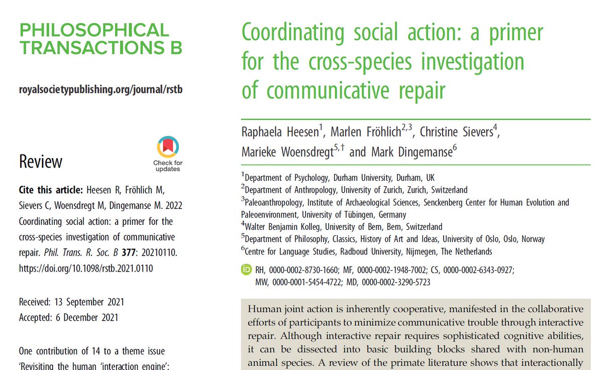 Cover page of paper showing title "Coordinating social action: a primer for the cross-species investigation of communicative repair", by authors Raphaela Heesen, Marlen Fröhlich, Christine Sievers, Marieke Woensdregt and Mark Dingemanse