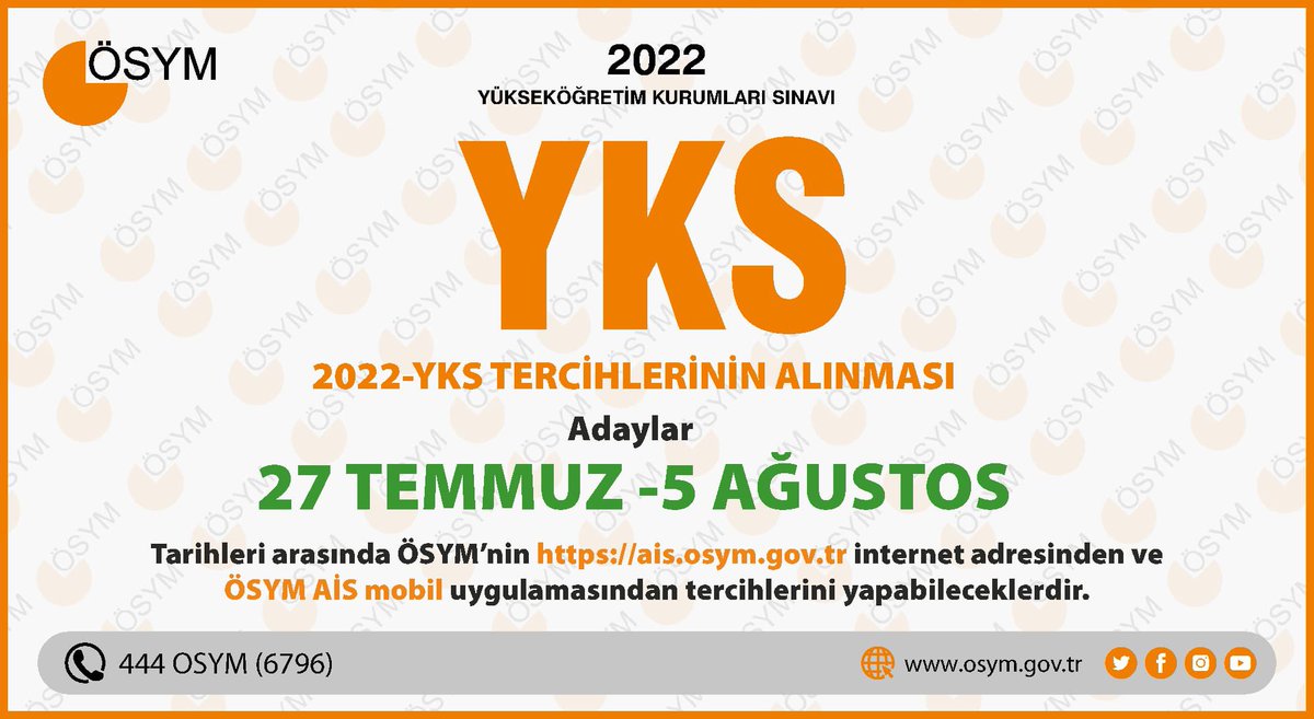 Değerli YKS adaylarımız,
Yükseköğretim Programları ve Kontenjanları Kılavuzunun güncel hali internet sitemizde yayımlanmıştır
2022-YKS tercih işlemlerinizi 27 Temmuz-05 Ağustos tarihleri arasında ais.osym.gov.tr ’den yapabilirsiniz
Tercihlerinizin hayırlı olmasını dilerim