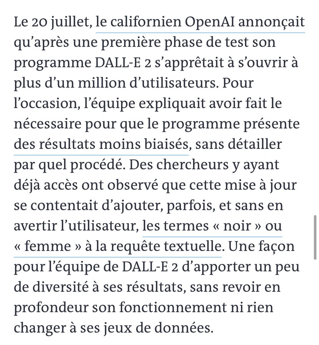 Comment fait OpenIA pour pallier aux biais algorithmiques (notamment le manque de diversité ds les résultats) de son très divertissant Craiyon (ex DALL-E Mini) ? En ajoutant parfois les termes "noir" ou "femme" dans les requêtes textuelles 🤡