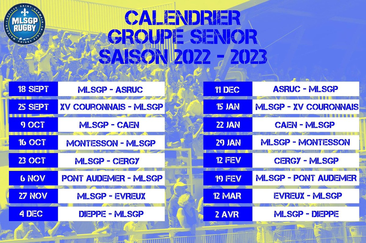 🏉Seniors🏉

𝗗𝗲́𝗰𝗼𝘂𝘃𝗿𝗲𝘇 𝗹𝗲 𝗰𝗮𝗹𝗲𝗻𝗱𝗿𝗶𝗲𝗿 𝗱𝘂 🅜🅛🅢🅖🅟 𝗽𝗼𝘂𝗿 𝗹𝗮 𝘀𝗮𝗶𝘀𝗼𝗻 𝟮𝟬𝟮𝟮-𝟮𝟬𝟮𝟯 !

𝕃𝕖𝕤 𝟛 𝕡𝕣𝕖𝕞𝕚𝕖̀𝕣𝕖𝕤 𝕛𝕠𝕦𝕣𝕟𝕖́𝕖𝕤 🔵🟡

🏠 J1 - MLSGP 🆚 ASRUC
✈️ J2 - XV COURONNAIS 🆚 MLSGP
🏠 J3 - MLSGP 🆚 CAEN

#mlsgpfamily #federale3