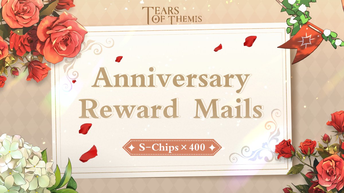 TearsofThemisEN's tweet photo. Anniversary Reward Mails

From 2022/7/29 00:00 until 8/1 23:59 (UTC+9), log in to the game and go to your in-game Mailbox to receive 4 mails, Luke "Reunion," Artem "Partner," Vyn "Anniversary," and Marius "Encounter," along with S-Chips ×400!

#TearsOfThemisAnniversary https://t.co/nBuw7kqoVs