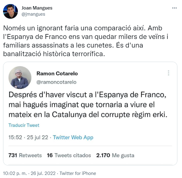 baphomed75's tweet photo. El mestretites @jmangues despotricant de @ramoncotarelo a qui té blocat i tampoc cita el seu @.
En això s'ha convertit les joventuts republicanes d'@Esquerra_ERC: trolls a sou del partit.
El que ha viscut Cotarelo no ho pots negar, tu no erets ni un projecte d'espermatozoide. https://t.co/ueIga0WnxV