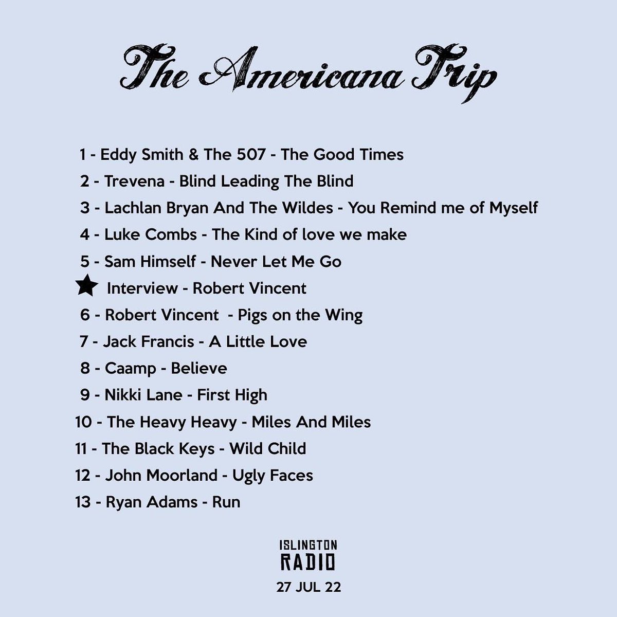 Shea Rafferty (@shearaffmusic) on Twitter photo Had the pleasure of interviewing <a href="/RobVincentMusic/">Robert Vincent</a> for this month’s Americana Trip on <a href="/IslingtonRadio/">Islington Radio</a>. Tune in now! 📻 💚
mixcloud.com/IslingtonRadio…
Ft tracks from <a href="/theheavyheavyuk/">The Heavy Heavy</a> <a href="/eddysmithmusic/">Eddy Smith Music</a> <a href="/LachlanBryan/">Lachlan Bryan</a> @jfrancissongs <a href="/Caamp/">Caamp</a> & much more…
#TheAmericanaTrip #IslingtonRadio Had the pleasure of interviewing <a href="/RobVincentMusic/">Robert Vincent</a> for this month’s Americana Trip on <a href="/IslingtonRadio/">Islington Radio</a>. Tune in now! 📻 💚
mixcloud.com/IslingtonRadio…
Ft tracks from <a href="/theheavyheavyuk/">The Heavy Heavy</a> <a href="/eddysmithmusic/">Eddy Smith Music</a> <a href="/LachlanBryan/">Lachlan Bryan</a> @jfrancissongs <a href="/Caamp/">Caamp</a> & much more…
#TheAmericanaTrip #IslingtonRadio
