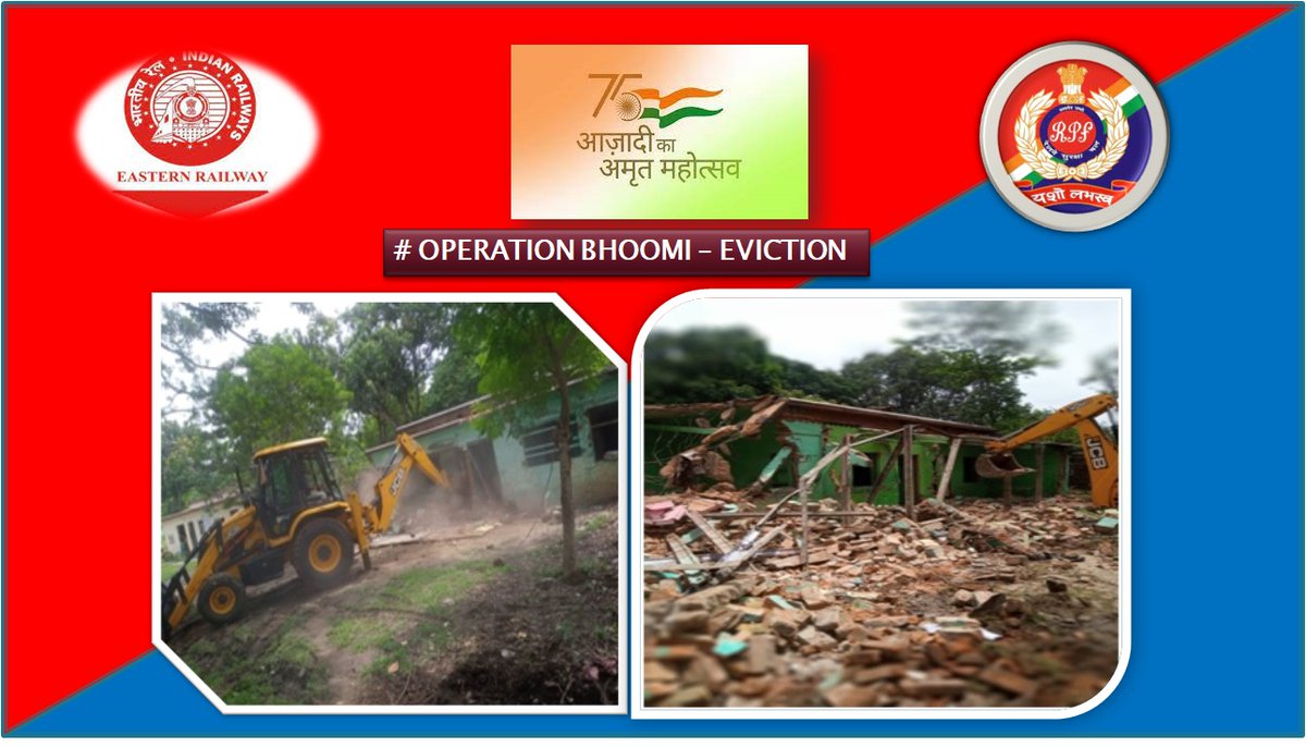ErRpf's tweet photo. On 26.07.2022, RPF staff of Malda Division coordinated with concerned Railway officials evicted 16 nos unauthorized occupants of Railway Quarter from Jharna Colony Sahibganj.
#OperationBhoomi
@RPF_INDIA @sanjay_chander @EasternRailway https://t.co/hMOG3yOV1n