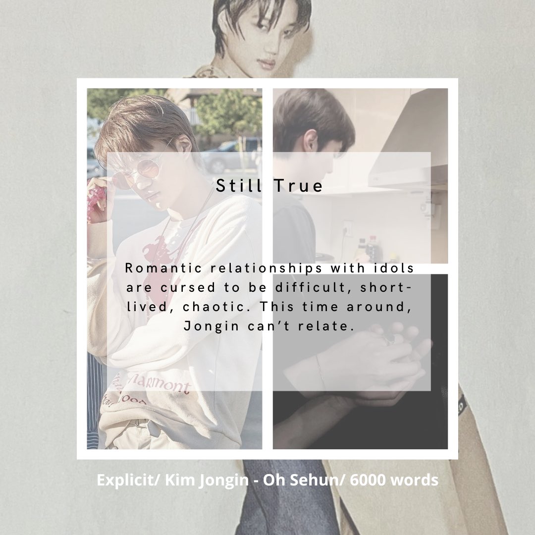 🧸Still True
🧸Jongin/Sehun
🧸Explicit
🧸Idols, established relationship, post enlistment, slice of life
🧸6000 words
🧸archiveofourown.org/works/40591626

#AYearWithNpf 
#sekai